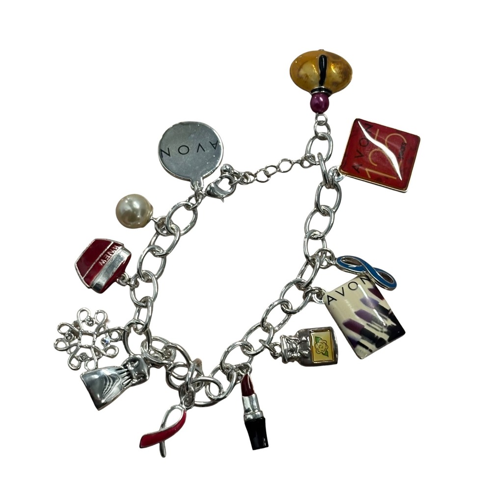 Avon 125th Anniversary Silver Tone Charm Bracelet Lipstick Perfume Boxed 2011